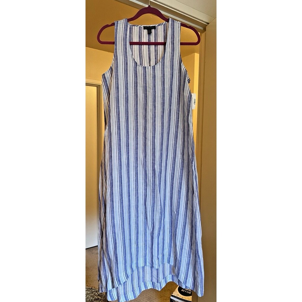 Saks Fifth Avenue Dress Women’s Small White Blue Stripe 100% Linen NWT Summer